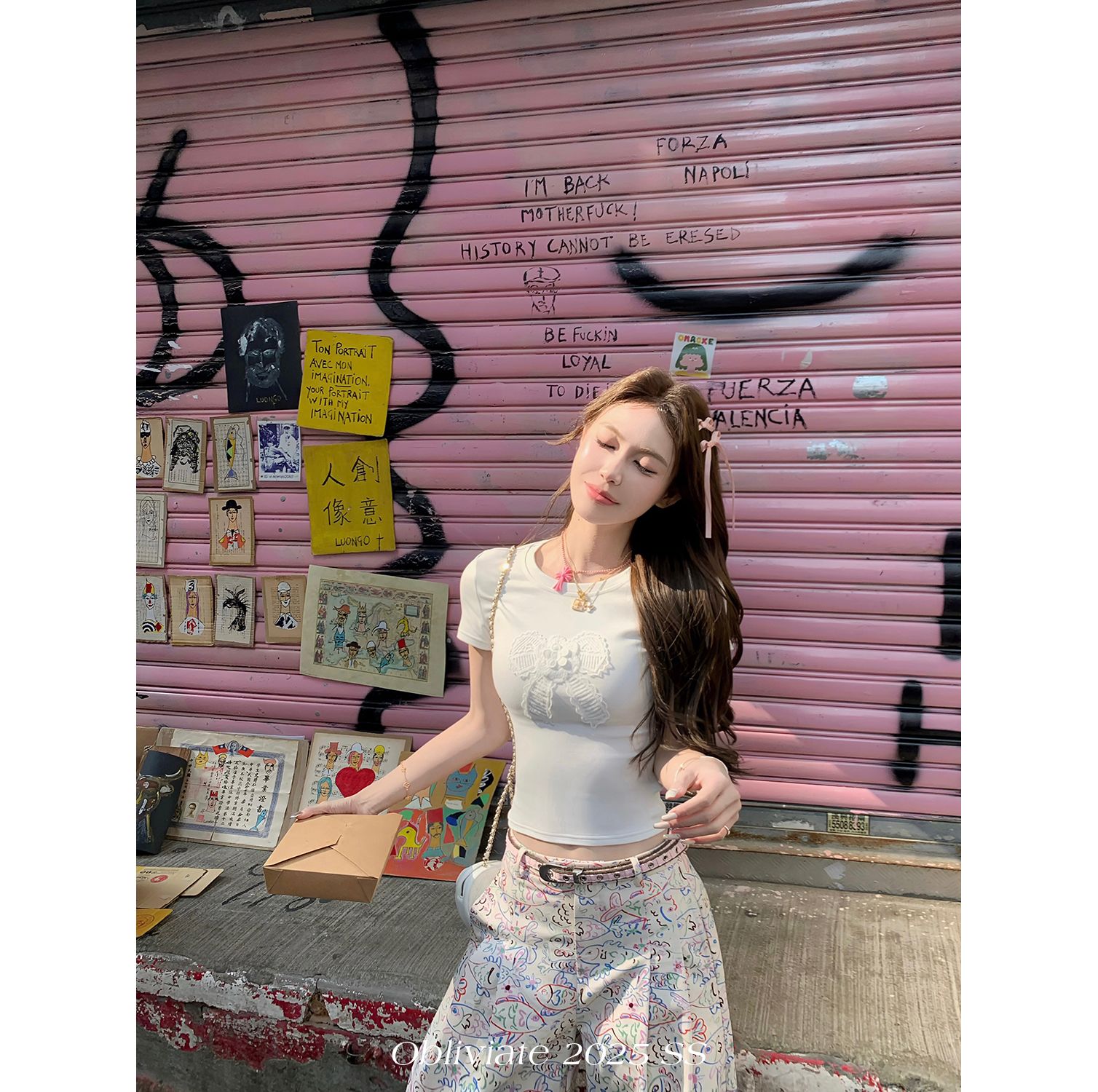 260g embroidered bow round neck straight shoulder T-shirt for women in summer slim short top