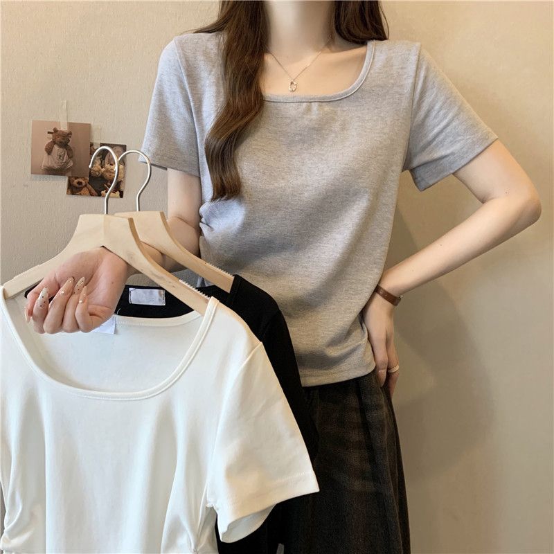 Real shot #Korean version loose square collar pleated solid color simple and versatile short-sleeved T-shirt for women