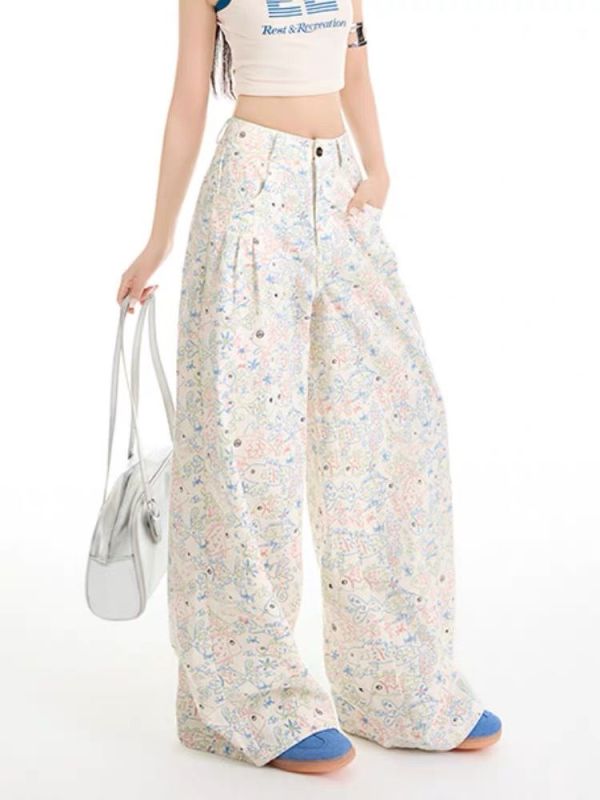 Sweet little fish jeans off-white cartoon printed straight loose wide-leg floor pants