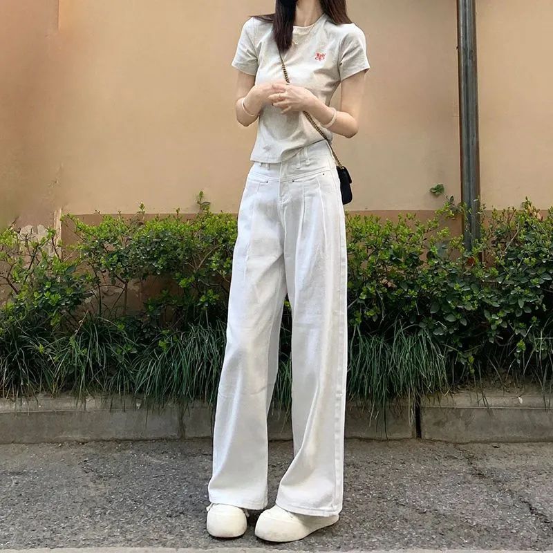 小眾白色褶皺闊腿牛仔褲新款高腰寬鬆春季百搭顯瘦修身拖地褲子
