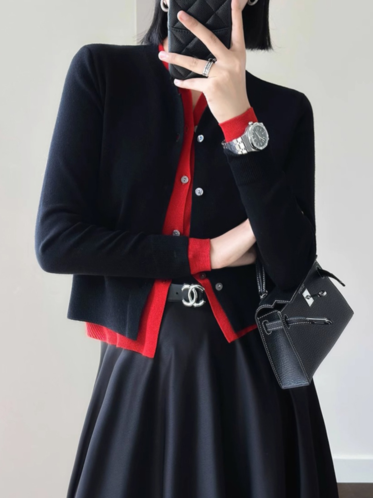 2025 Spring Fake Two-Piece Wool Contrast Color Niche Knitted Long Sleeve Cardigan Contrast Color Double-Layer Design Small Jacket