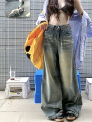 American retro old high waist straight jeans for women in autumn new loose slim wide-leg pants floor-slimming trousers