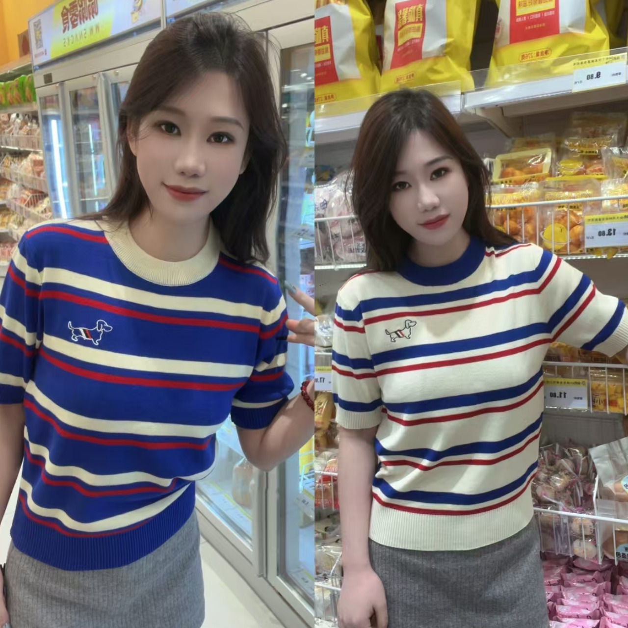 2025 spring and summer French puppy embroidered knitted top red and blue striped short sleeves loose breathable navy blue light and thin women