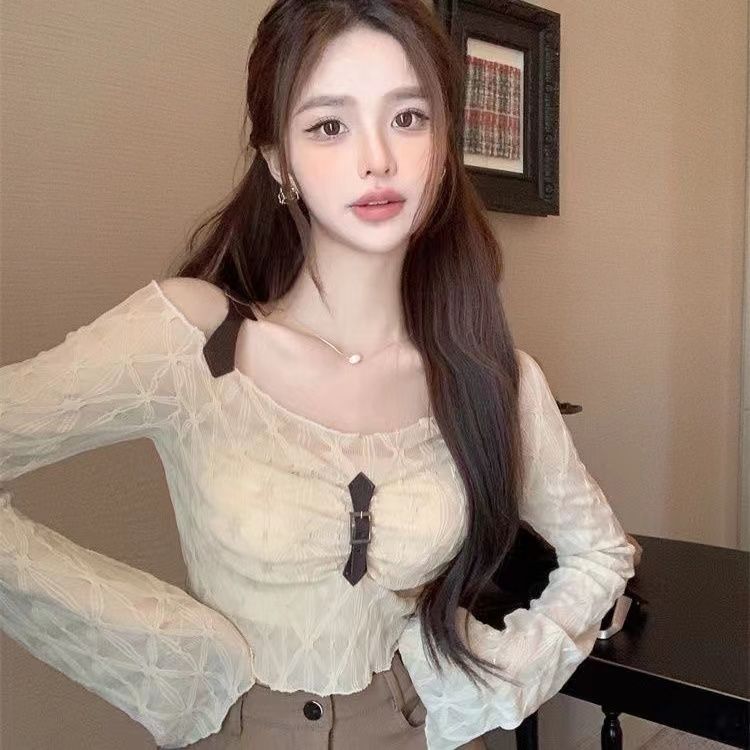 6391#2025 Summer New Hot Girl One-Shoulder Inner Woman Short Slim Long Sleeve T-shirt Sling Exposed Sunscreen Shirt