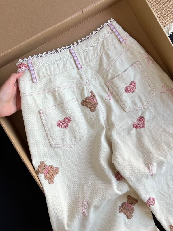 Bear embroidered powder plaid straight jeans for women sweet girls with small loose slim pants
