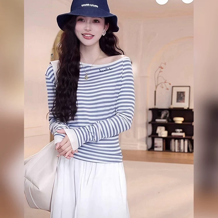Contrasted striped slim long-sleeved sweater for spring Korean pure waist top for women 2025 new