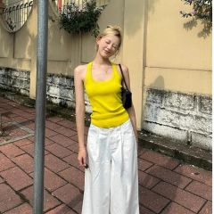American hot girl dopamine lemon yellow seaside knitted small suspender for women in summer wear sleeveless I-shaped top