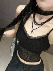 American sexy hot girl black lace suspender vest for women in summer slim and short style for outerwear design top