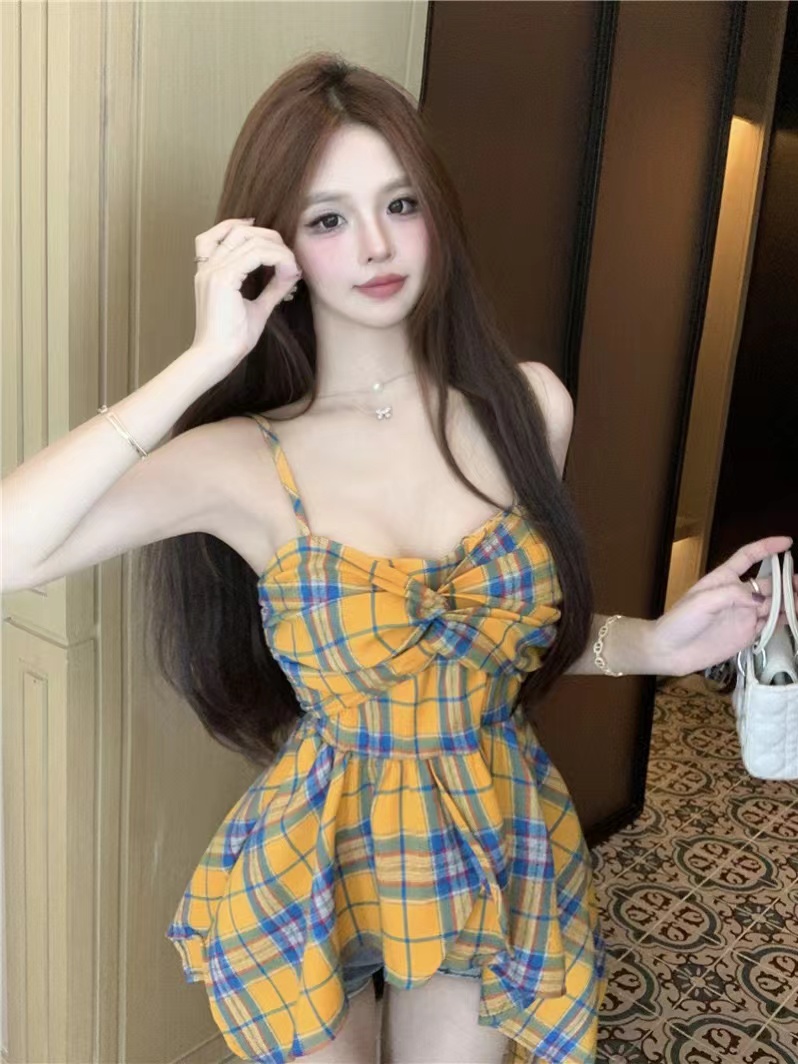 Original method ~ Retro versatile irregular plaid sleeveless suspender adjustable slimming commuter suspender top