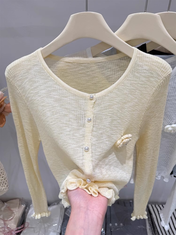 Knitted cardigan for women's thin ice silk summer short black ears with sun protection air conditioner shirt shawl jacket trendy
