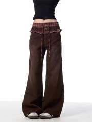 Fashionable heavy industry fake two-piece jeans personalized design sense women's spliced ​​wide-leg pants 2025 new drawstring straight pants