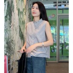 Malt Mayya Plus 2025 new lotus leaf collar layered sleeveless shirt for women's summer striped top