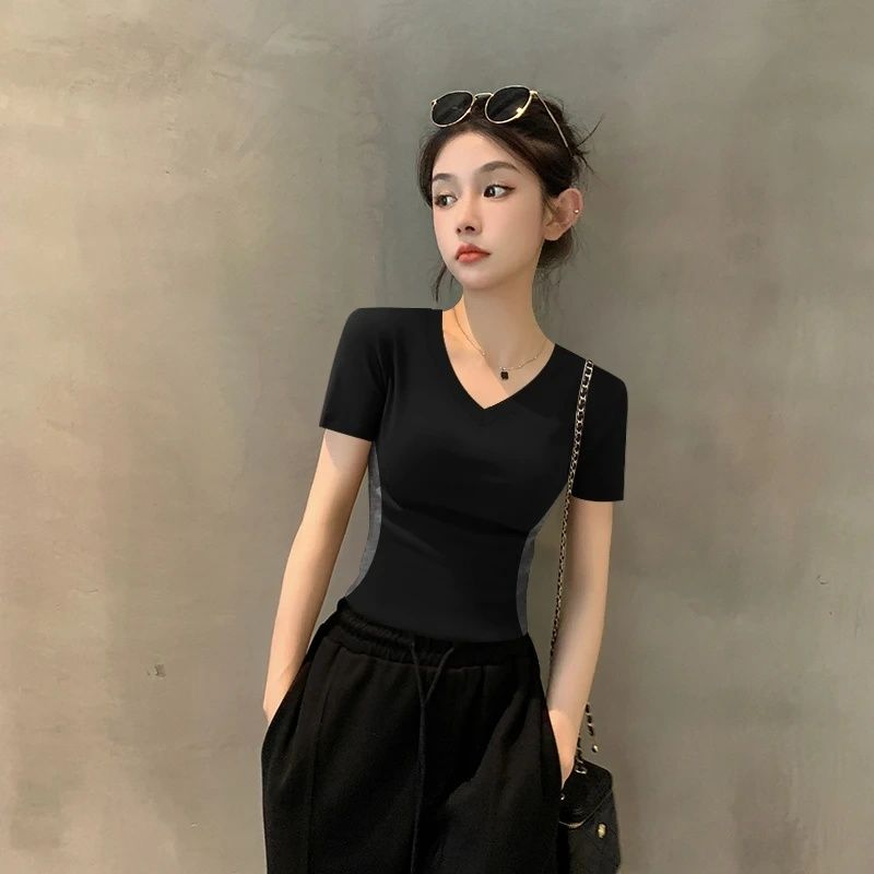 Modal fabric 260g V-neck front shoulder T-shirt for women short sleeves
