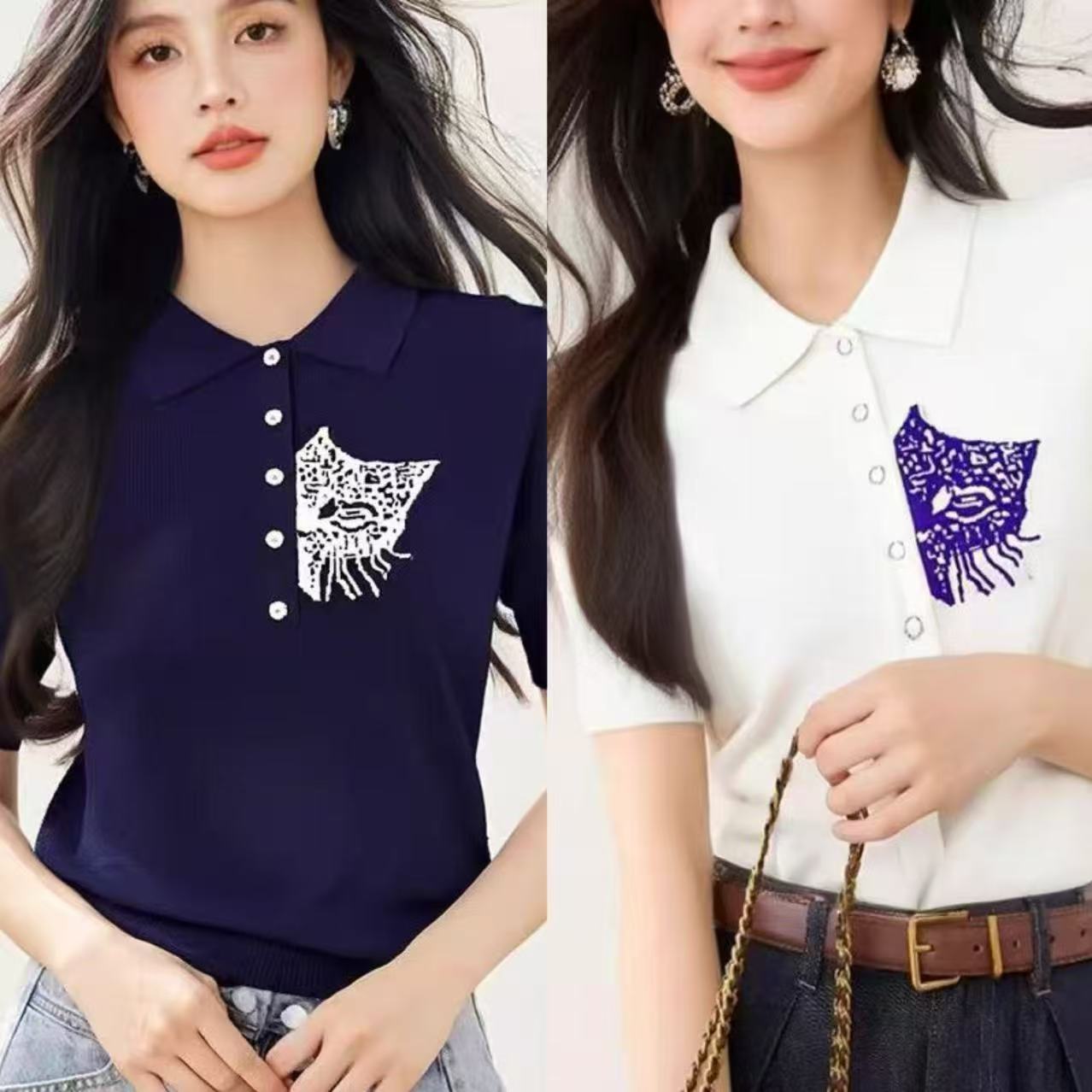 Korean version of high-end unique embroidered sweater 2025 spring new slim short-sleeved T-shirt casual versatile top