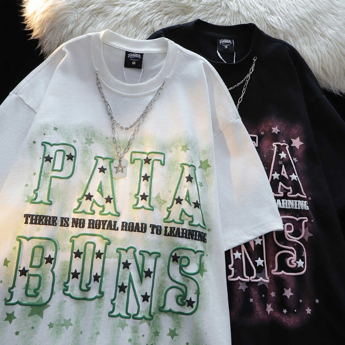 American fashion brand star letter necklace short-sleeved T-shirt men and women pure cotton summer loose high street half-sleeved hiphop top