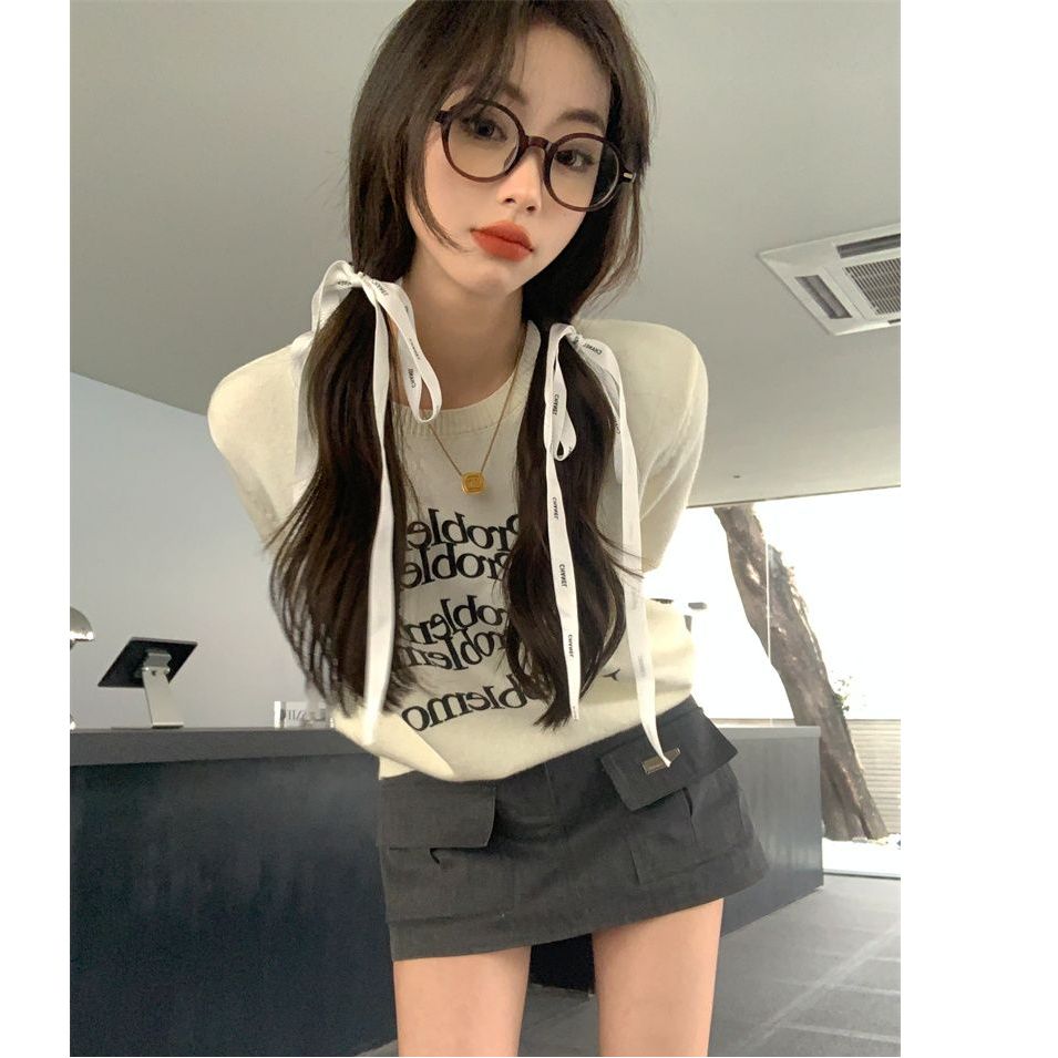Printed short-sleeved sweater women's 2025 summer new high-end grey round neck base top