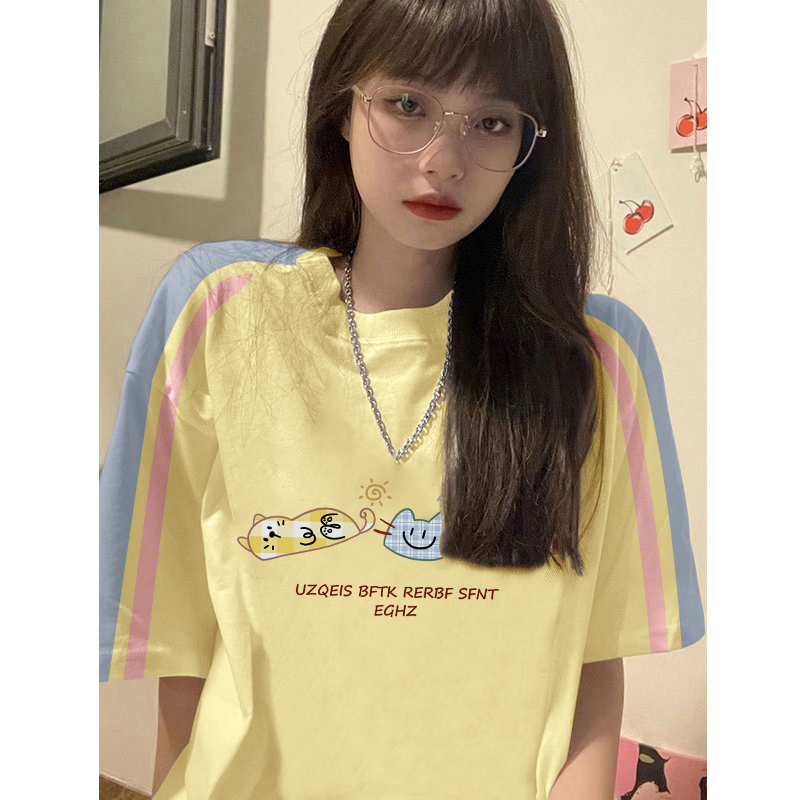 High-quality pure cotton 220g 19 pieces of wool + feel printed loose large version of raglan contrasting color short-sleeved T-shirt for women