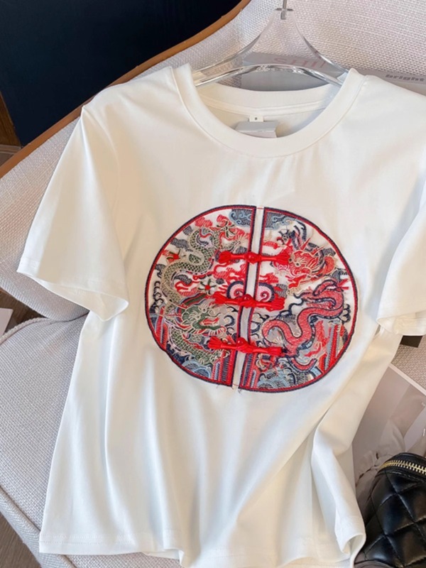2025 summer new Chinese style new Chinese style embroidered short-sleeved T-shirt for women with inner front shoulder base shirt trendy