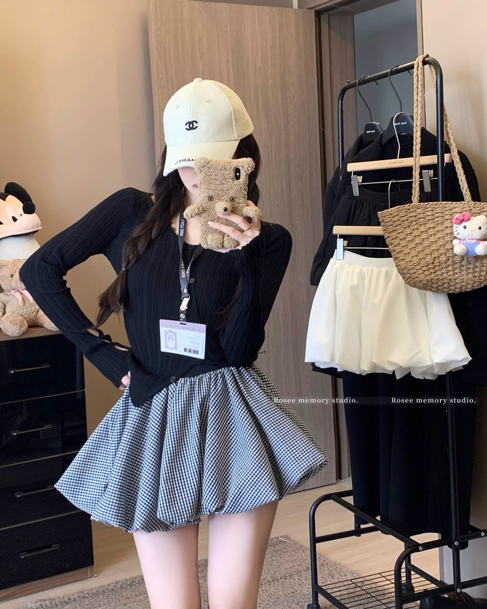 Sweet age-reducing contrasting color plaid flower bud skirt short skirt women's summer high waist anti-exposure A-line skirt fluffy skirt