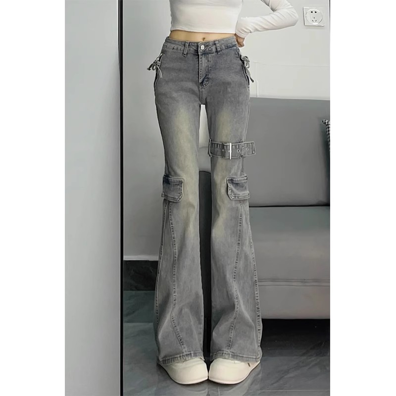 Design sense belt splicing workwear micro flare jeans women's spring and autumn 2025 new high waist slimming skinny pants 