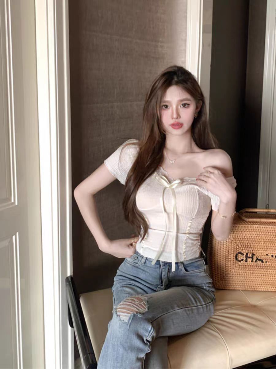 V-neck clavicle exposed tulle short sleeve lace women's summer new pure and sexy top