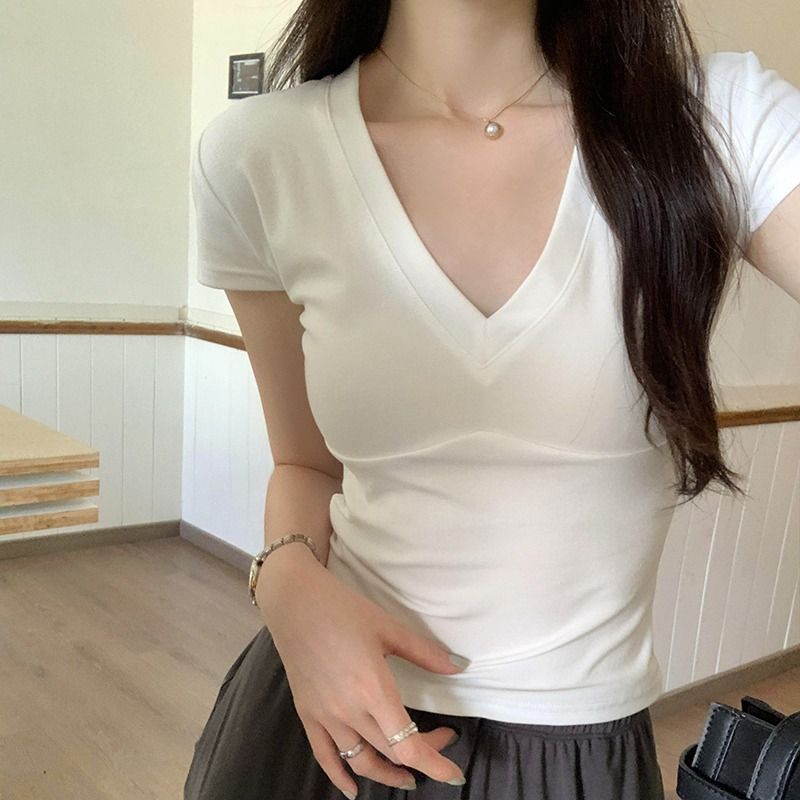 260g of cotton cotton, unique split spliced ​​V-neck short-sleeved T-shirt for women's summer shoulder short top