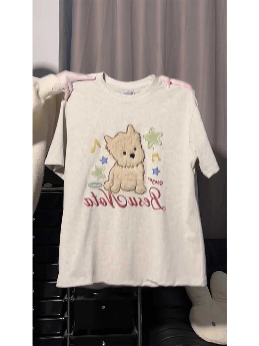 American embroidered puppy short-sleeved T-shirt men and women fashion brand summer loose oversize sweet and cool couple tops ins