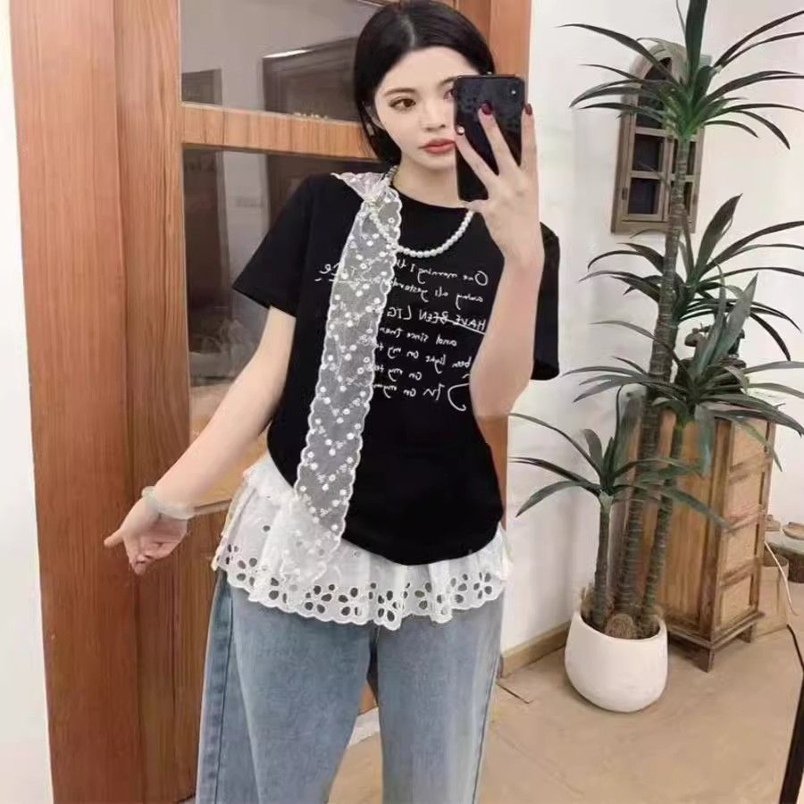 Matching pearl lace streamer short-sleeved T-shirt for women 2025 spring new fashionable versatile round neck top trendy