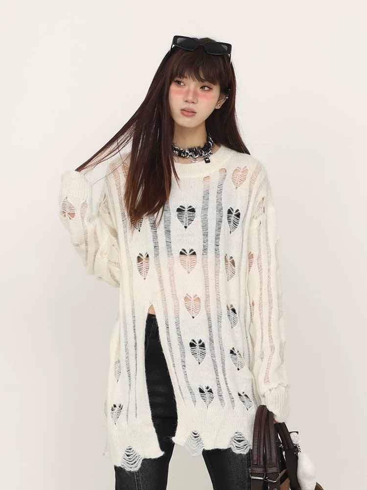 CEDY Gentle Style Love Hollow Wool Sweater for Men and Women New Spring Loose Casual Long Sleeve Top