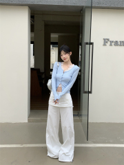 Real photo of early spring fashionable short curled long-sleeved hot girl T-shirt top + lace vest two-piece set