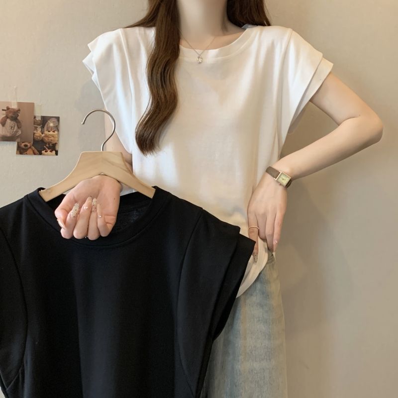 Real shot 21 pure cotton 200g 100% cotton short-sleeved T-shirt for women, Feifei Sleeve Double Collar