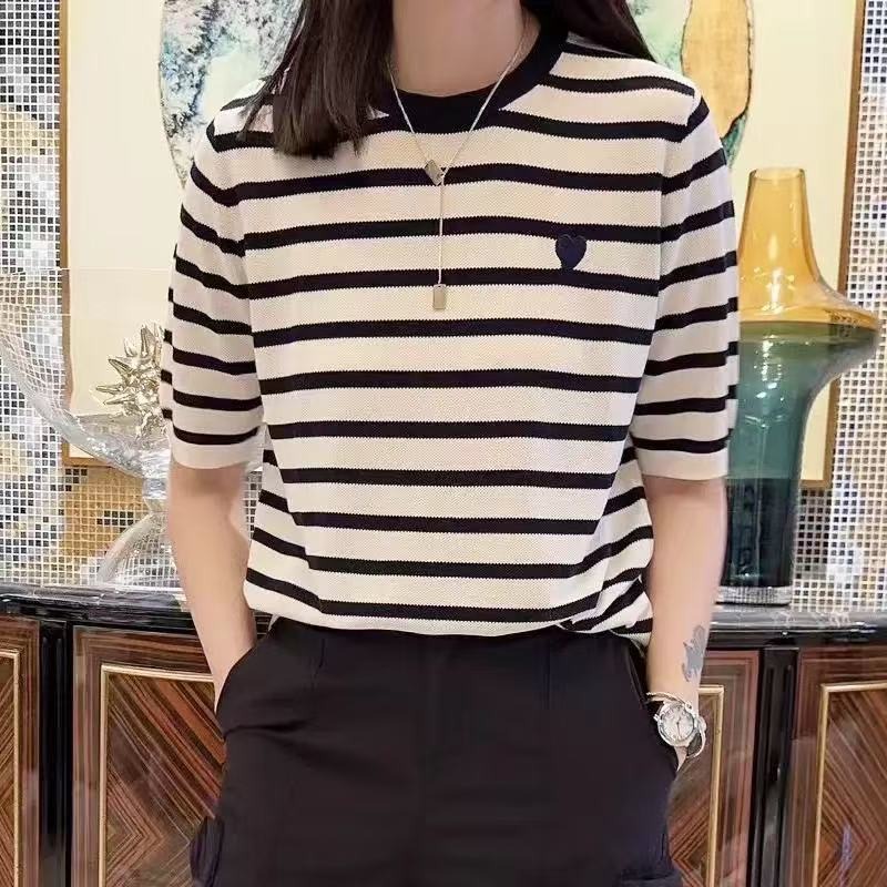 Thin silk embroidered love color-blocking striped short-sleeved T-shirt for women 2025 new contrasting color breathable round neck knitted sweater