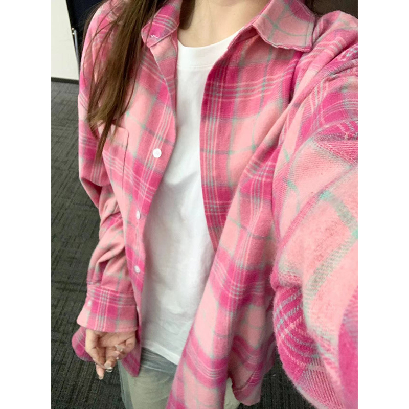 American pink plaid shirt for women in spring 2025 new loose slim casual temperament shirt