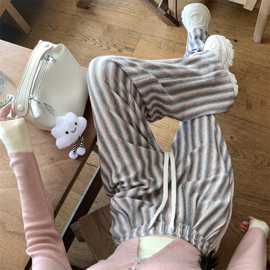 275# - Real shot of new spring striped wide-leg high waist drooping slim and versatile casual sports pants for women