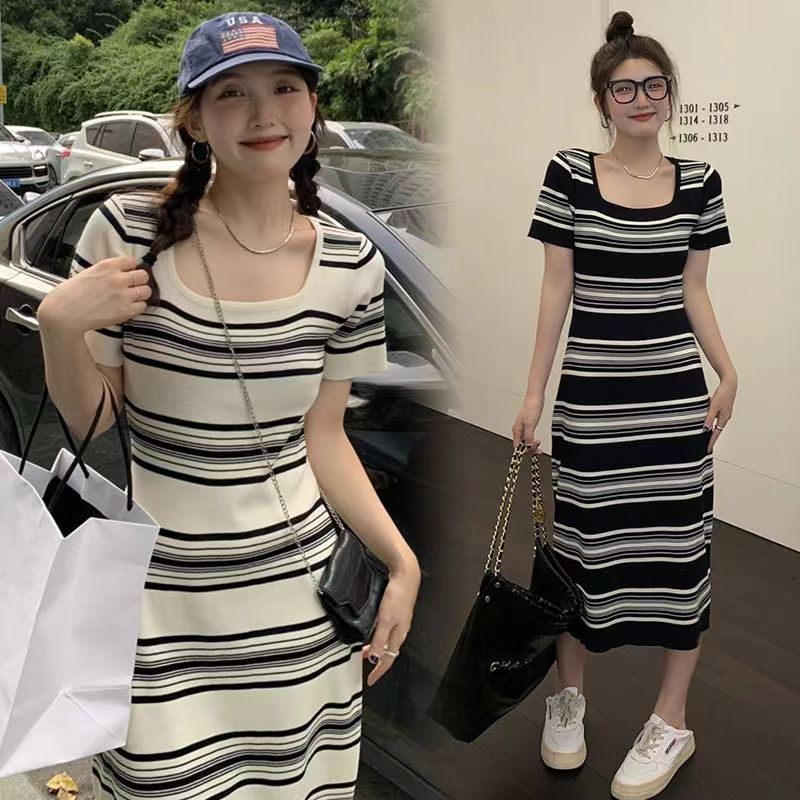 韓系條紋方口領連衣裙女過膝顯瘦氣質2025年夏季新款中長裙子