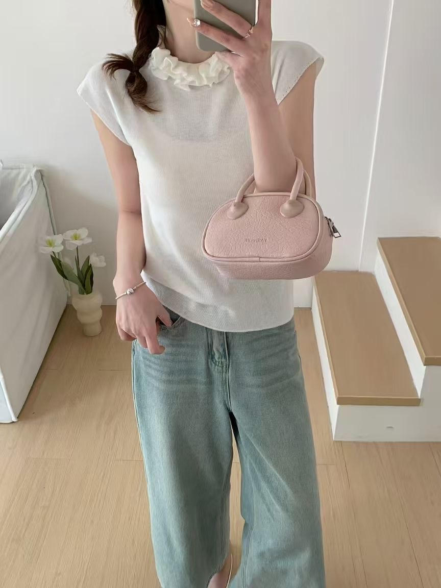 Half-high neck ruffle knitted vest for women's spring sleeveless outfit layered with beautiful base slim top