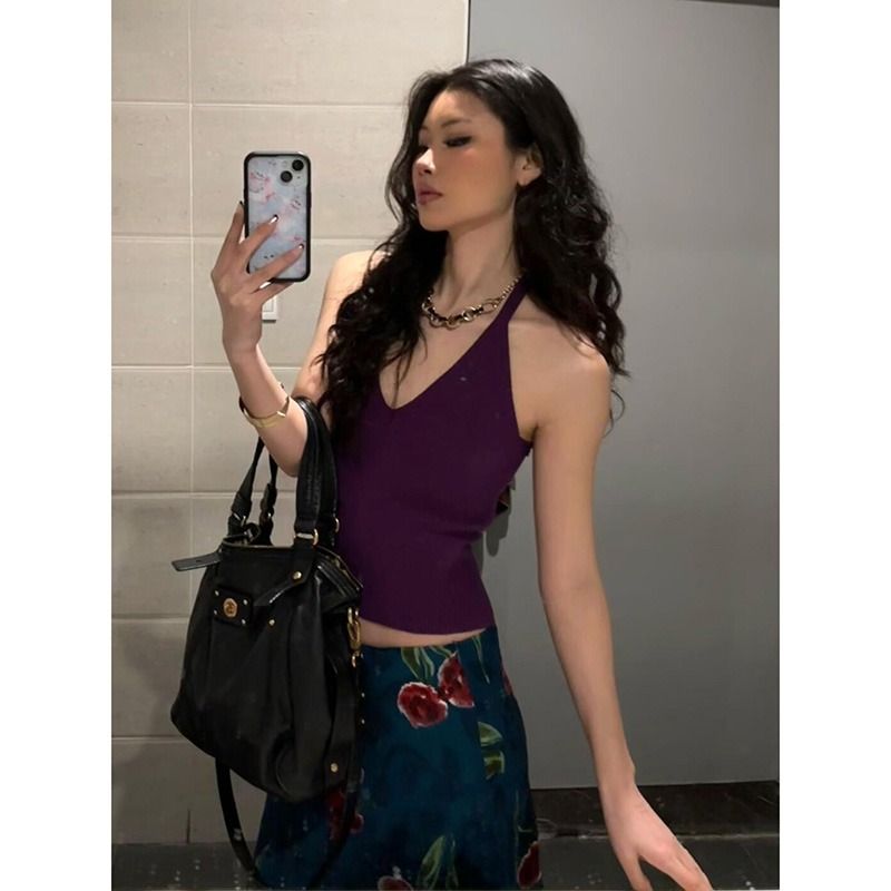 Temperament and versatile purple halter vest for women in spring and summer new seaside hot girl pure ins style short suspender top