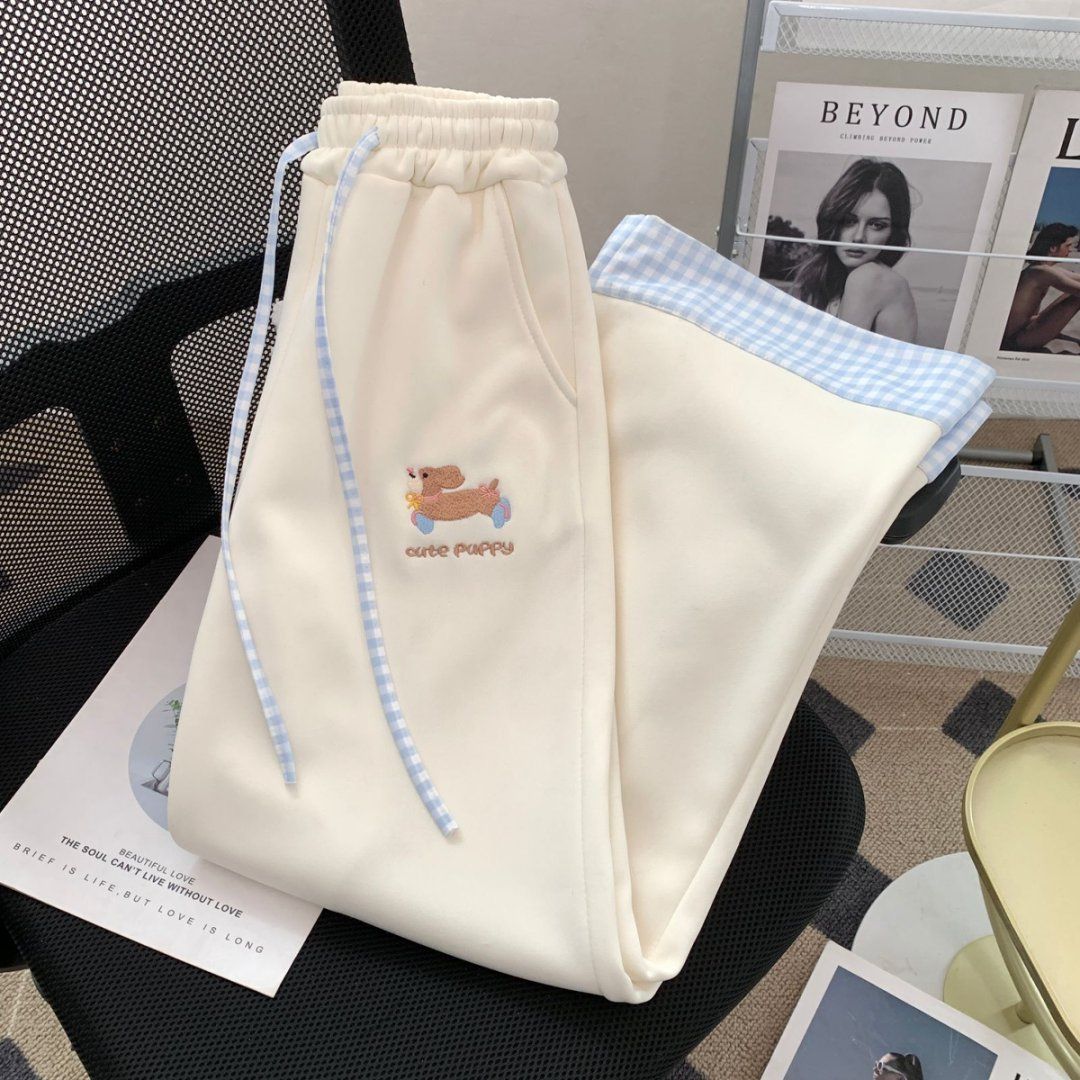 小狗刺繡可愛拼接格子直筒褲甜美休閒春秋新款百搭寬鬆闊腿褲女生