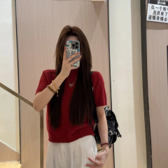 2025 Summer New Year's fortune red half turtle neck knitted short-sleeved women's simple loose base fashionable and versatile T-shirt