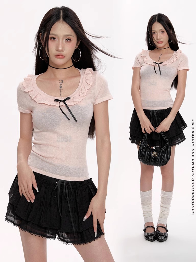 Pink short-sleeved sweater for women in summer thin style, ruffled casual, slim, sweet and cool hot girl short top trendy