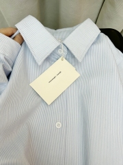 Pinstripe summer blue shirt long sleeve 2025 design sense niche loose versatile shirt base top for women