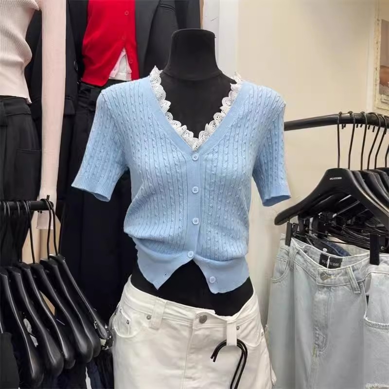 2025 new summer new style simple and versatile V-neck spliced ​​lace knitted short top for women's cardigan