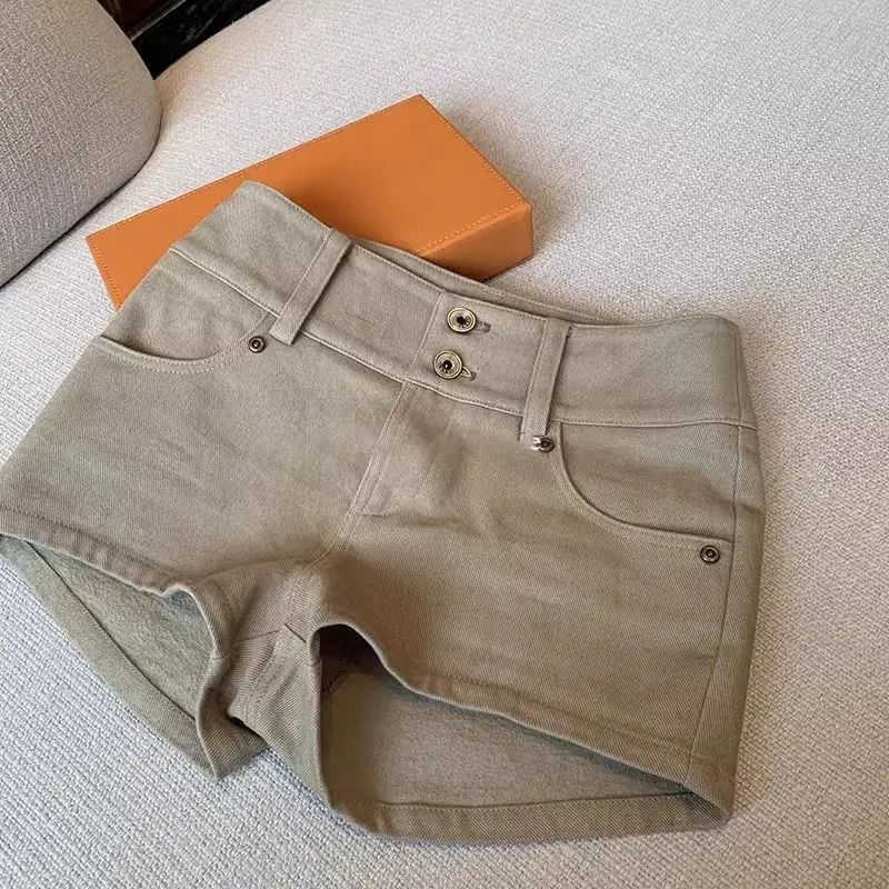 卡其色美式復古牛仔短褲女高腰辣妹夏季新款慵懶直筒休閒顯瘦熱褲