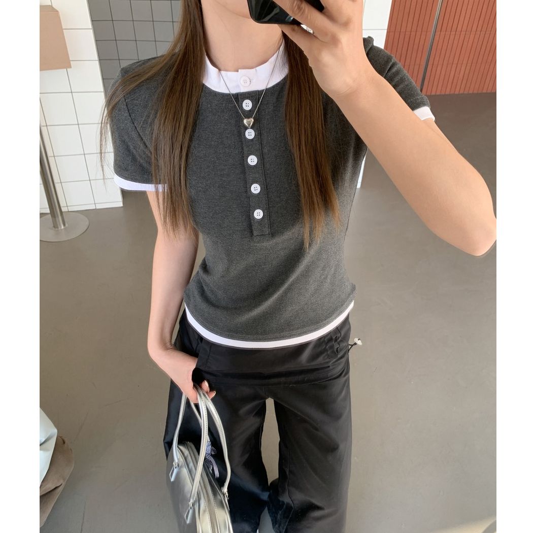 Modal cotton button shoulder U-neck short-sleeved T-shirt for women's summer short collarbone contrast slim fit top