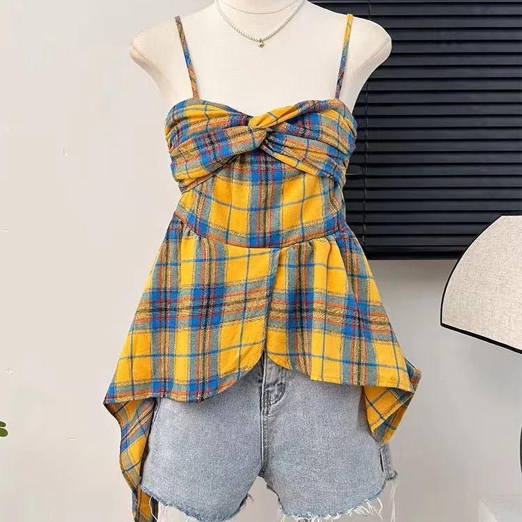 Original method of irregular kink contrasting color plaid suspender vest for women in summer pleated backrest chic top trendy