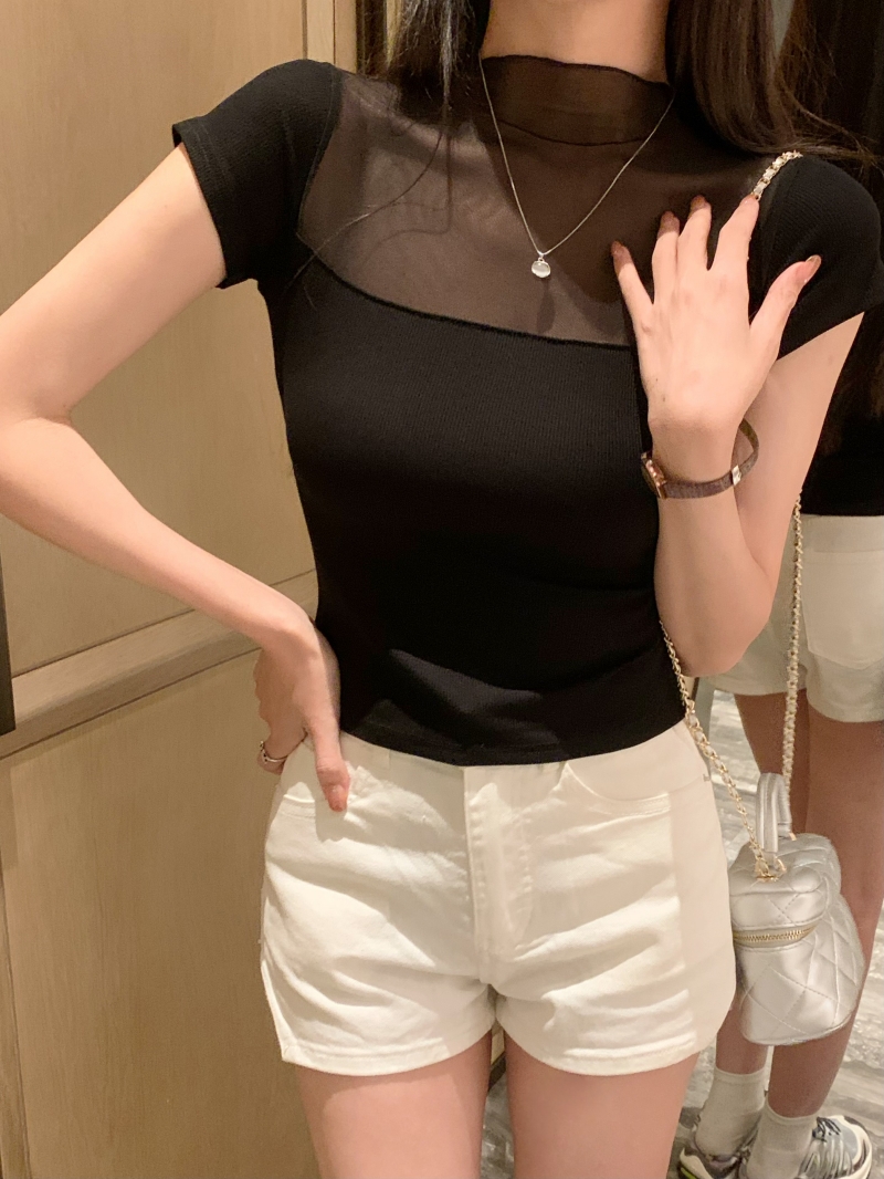 Real shot 40 pure cotton 210g 92 cotton/8 spandex short-sleeved T-shirt for women's mesh lace