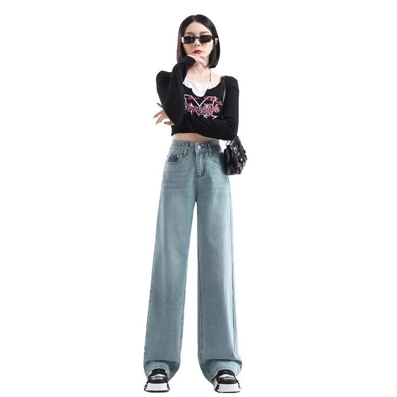 2025 new light blue wide-leg jeans for women in spring new high-waist slimming straight and narrow version of floor-moving pants