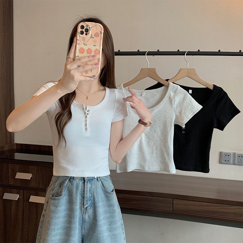 Real shot of 92% cotton 8% spandex button U-neck slim short-sleeved T-shirt for women