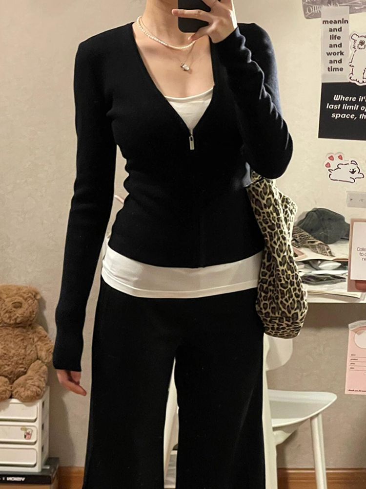 1*1 230 grams of German velvet black and white contrasting inner bottom shirt long sleeve T-shirt women's fake two-piece top