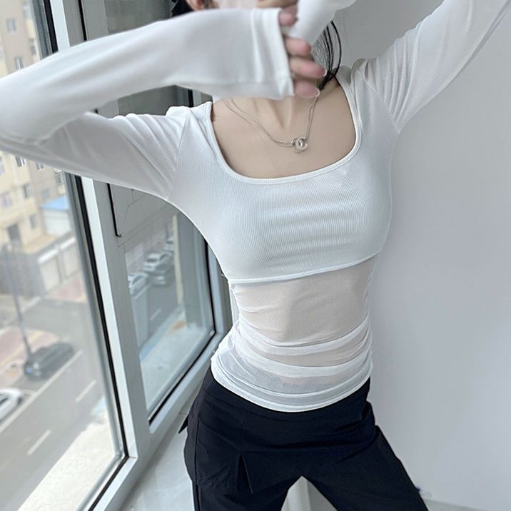 Mesh spliced ​​square collar long-sleeved T-shirt in autumn slim fit and slim base hot girls new thin and versatile top temperament